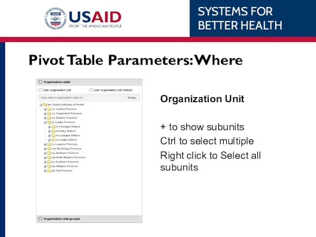 Pivot Table Parameters: Where Organization Unit + to show subunits Ctrl