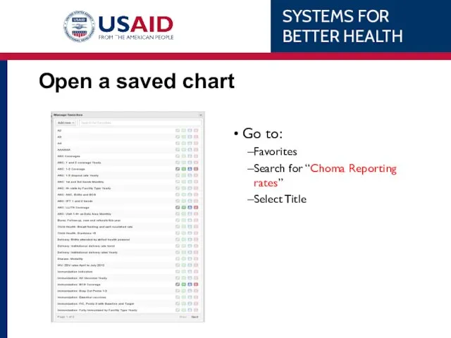 Open a saved chart Go to: Favorites Search for “Choma Reporting rates” Select Title