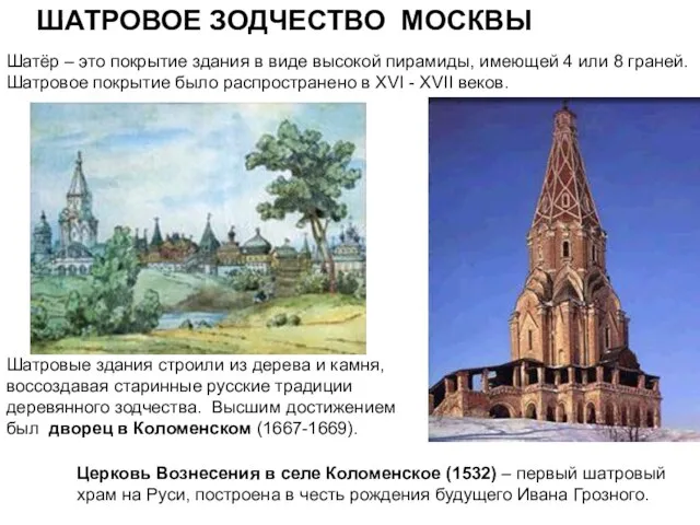 ШАТРОВОЕ ЗОДЧЕСТВО МОСКВЫ Шатёр – это покрытие здания в виде высокой