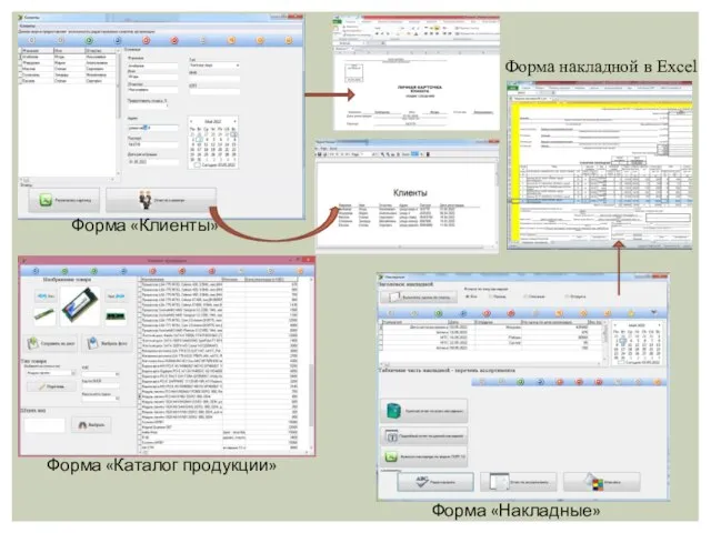 Форма «Клиенты» Форма «Каталог продукции» Форма «Накладные» Форма накладной в Excel