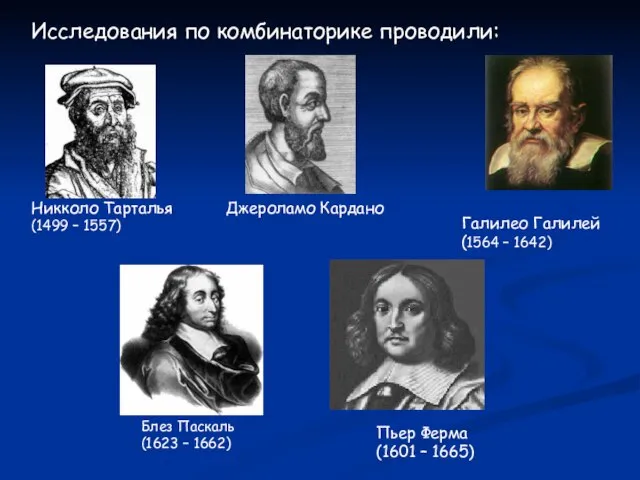 Исследования по комбинаторике проводили: Никколо Тарталья (1499 – 1557) Галилео Галилей