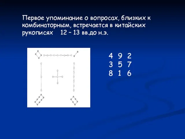 Первое упоминание о вопросах, близких к комбинаторным, встречается в китайских рукописях