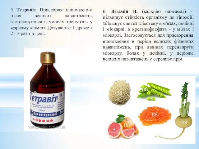 5. Тетравіт. Прискорює відновлення після великих навантажень, застосовується в умовах тренувань