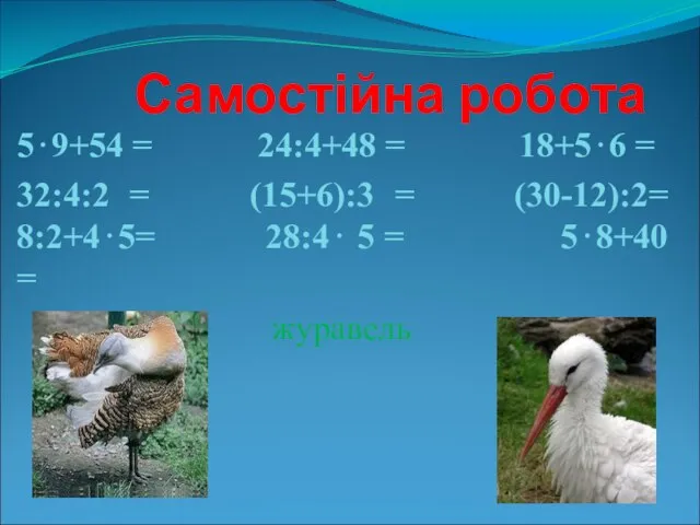 Самостійна робота 5⋅9+54 = 24:4+48 = 18+5⋅6 = 32:4:2 = (15+6):3