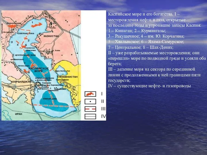 Каспийское море и его богатства. I – месторождения нефти и газа,