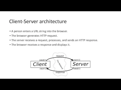 Client-Server architecture A person enters a URL string into the browser.