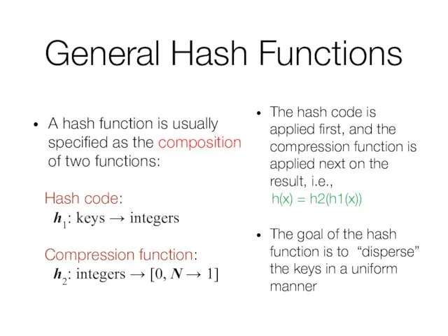 General Hash Functions A hash function is usually specified as the