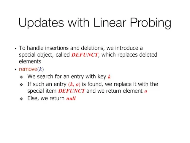 Updates with Linear Probing To handle insertions and deletions, we introduce