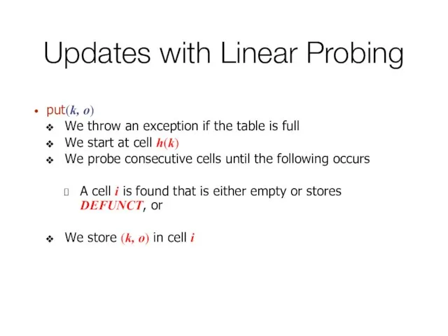 Updates with Linear Probing put(k, o) We throw an exception if