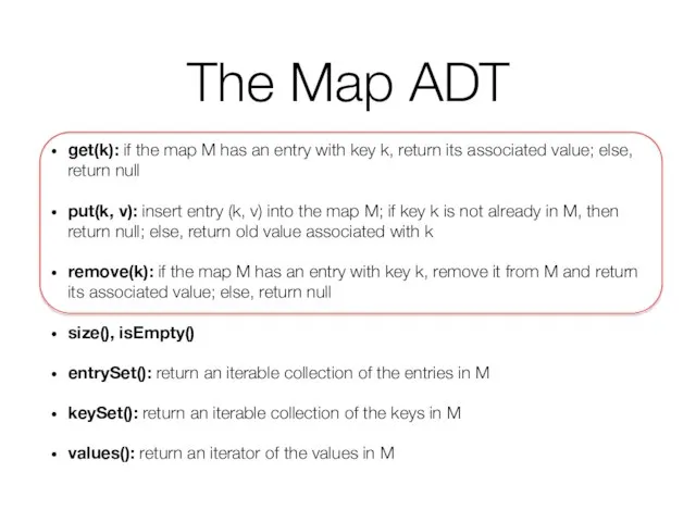 The Map ADT get(k): if the map M has an entry