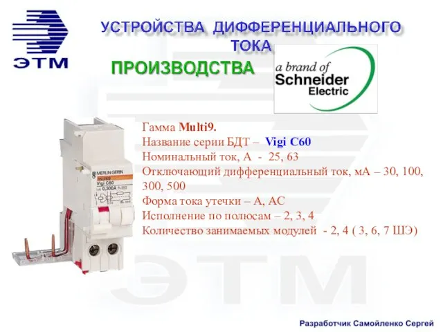 Гамма Multi9. Название серии БДТ – Vigi С60 Номинальный ток, А