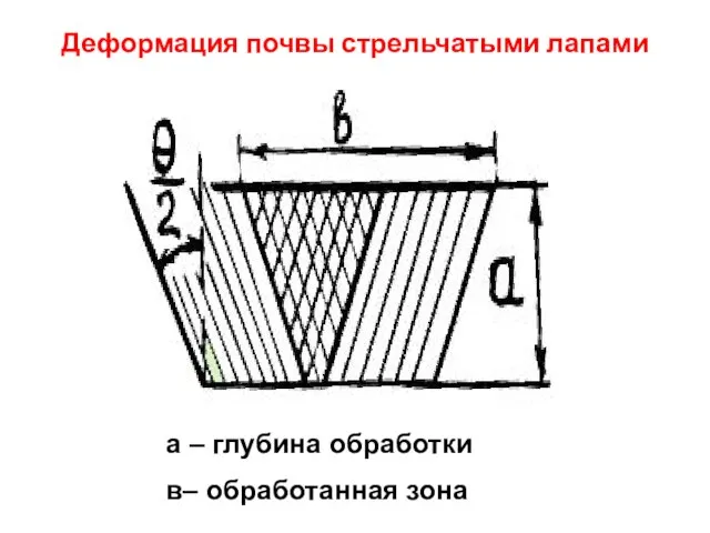 Деформация почвы стрельчатыми лапами а – глубина обработки в– обработанная зона