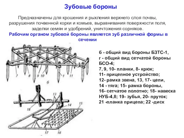 Зубовые бороны б - общий вид бороны БЗТС-1, г - общий