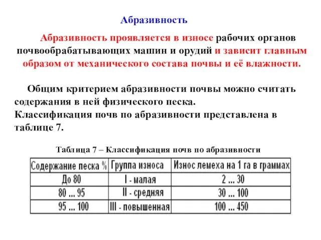 Абразивность проявляется в износе рабочих органов почвообрабатывающих машин и орудий и