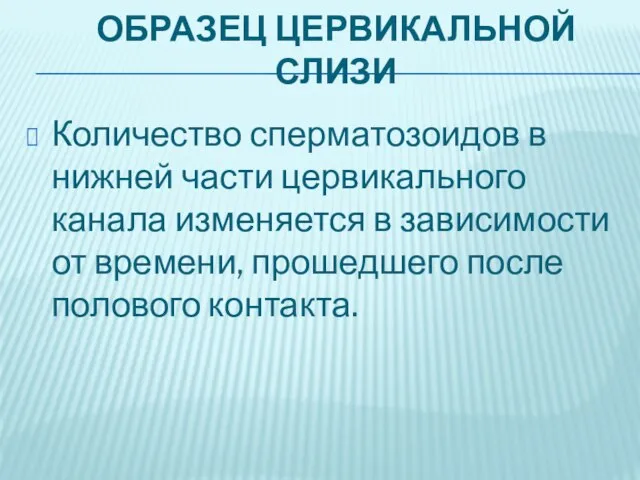 ОБРАЗЕЦ ЦЕРВИКАЛЬНОЙ СЛИЗИ Количество сперматозоидов в нижней части цервикального канала изменяется