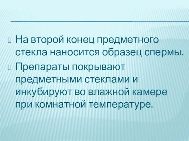 На второй конец предметного стекла наносится образец спермы. Препараты покрывают предметными