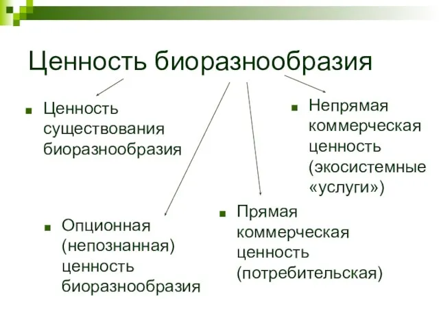 Ценность биоразнообразия Прямая коммерческая ценность (потребительская) Непрямая коммерческая ценность (экосистемные «услуги»)