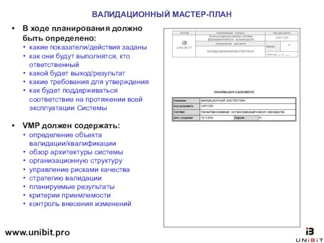 ВАЛИДАЦИОННЫЙ МАСТЕР-ПЛАН В ходе планирования должно быть определено: какие показатели/действия заданы