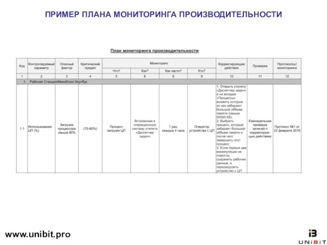 ПРИМЕР ПЛАНА МОНИТОРИНГА ПРОИЗВОДИТЕЛЬНОСТИ www.unibit.pro