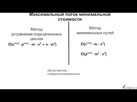 Максимальный поток минимальной стоимости О(cmax · m · n2) Метод минимальных