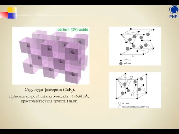 Структура флюорита (CaF2). Гранецентрированная кубическая; а=5,411Å; пространственная группа Fm3m