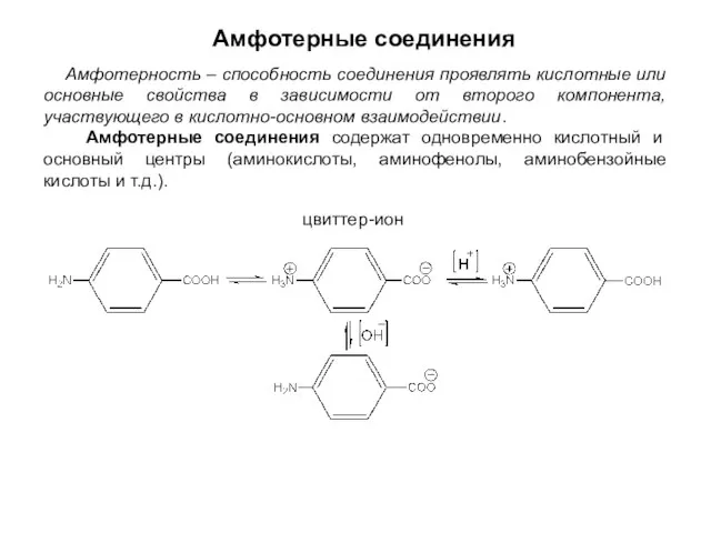 Амфотерные соединения Амфотерность – способность соединения проявлять кислотные или основные свойства