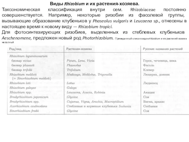 Виды Rhizobium и их растения-хозяева. Таксономическая классификация внутри сем. Rhizobiaceae постоянно