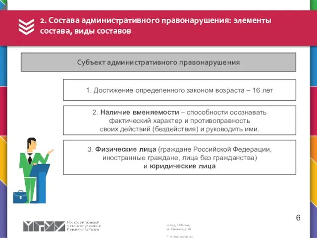 6 2. Состава административного правонарушения: элементы состава, виды составов Субъект административного