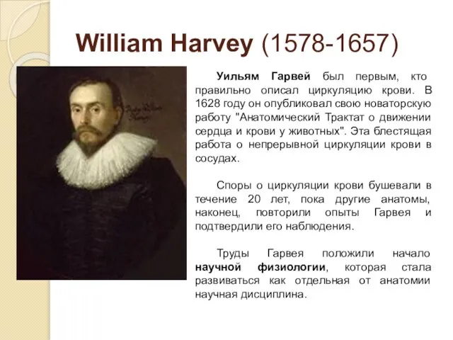 William Harvey (1578-1657) Уильям Гарвей был первым, кто правильно описал циркуляцию