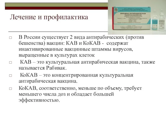 Лечение и профилактика В России существует 2 вида антирабических (против бешенства)