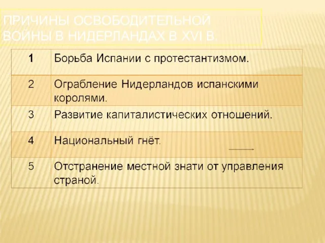 ПРИЧИНЫ ОСВОБОДИТЕЛЬНОЙ ВОЙНЫ В НИДЕРЛАНДАХ В XVI В.