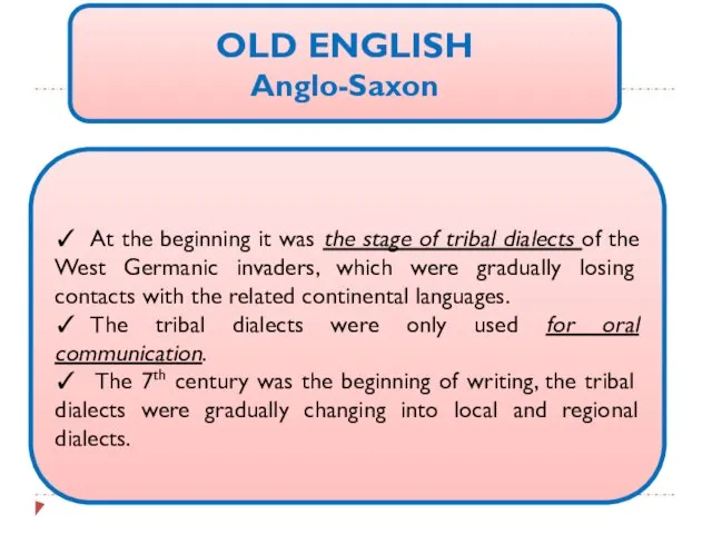 OLD ENGLISH Anglo-Saxon ✓ At the beginning it was the stage