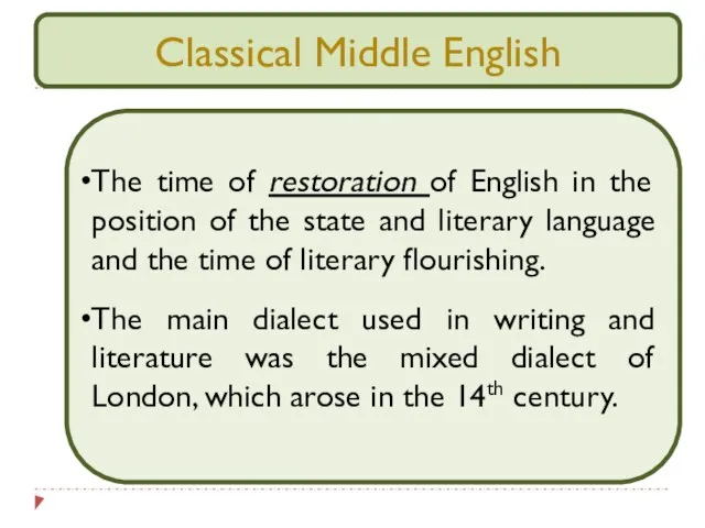 Classical Middle English The time of restoration of English in the