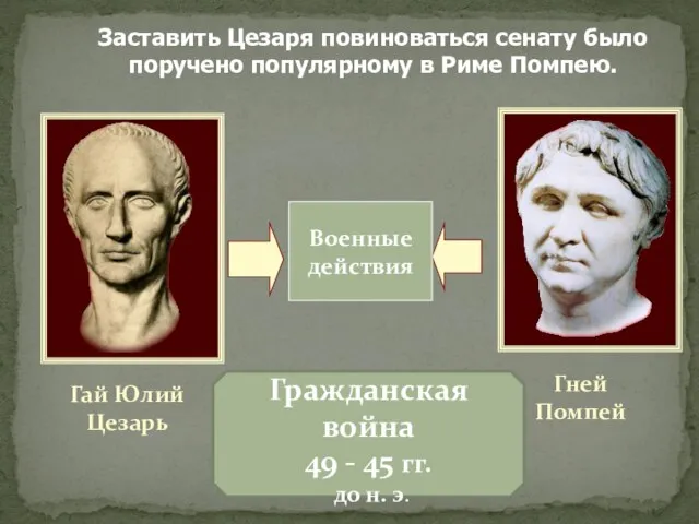 Заставить Цезаря повиноваться сенату было поручено популярному в Риме Помпею. Военные