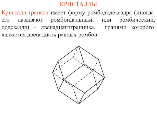 КРИСТАЛЛЫ Кристалл граната имеет форму ромбододекаэдра (иногда его называют ромбоидальный, или