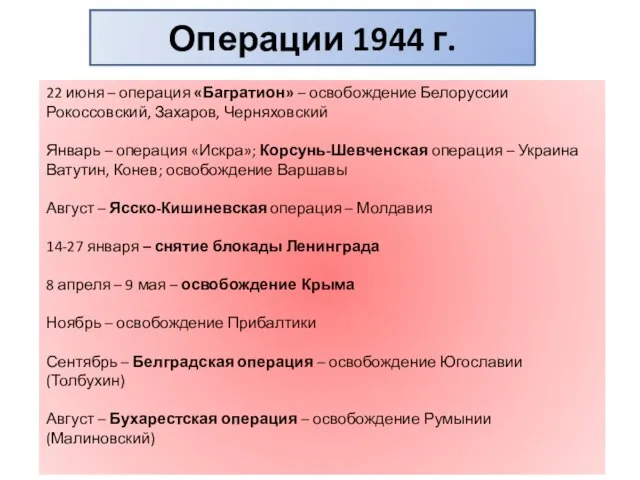 Операции 1944 г. 22 июня – операция «Багратион» – освобождение Белоруссии