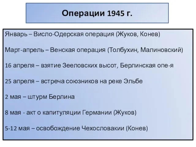 Операции 1945 г. Январь – Висло-Одерская операция (Жуков, Конев) Март-апрель –