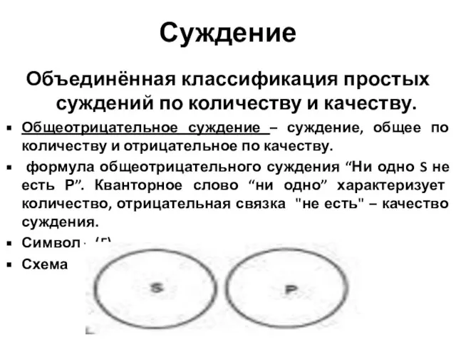 Суждение Объединённая классификация простых суждений по количеству и качеству. Общеотрицательное суждение