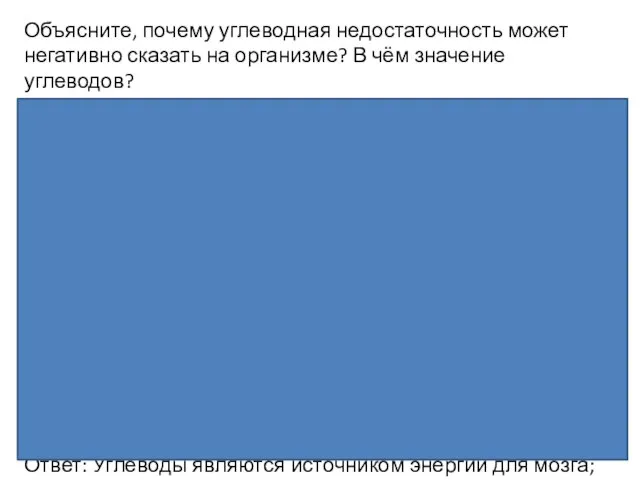 Объясните, почему углеводная недостаточность может негативно сказать на организме? В чём