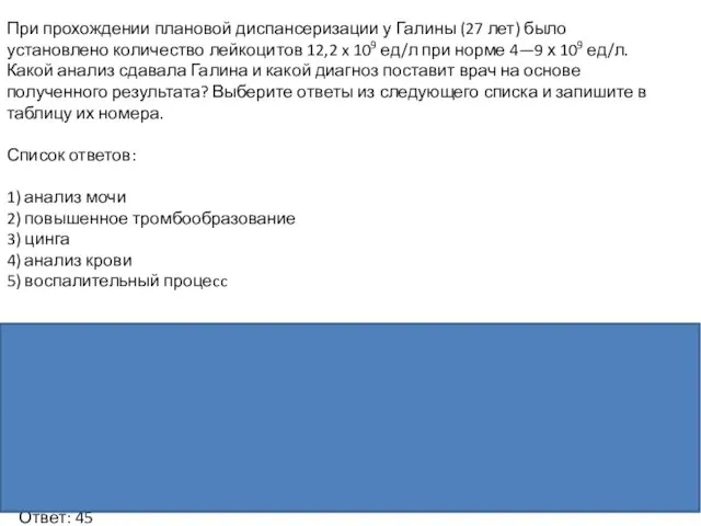 При прохождении плановой диспансеризации у Галины (27 лет) было установлено количество