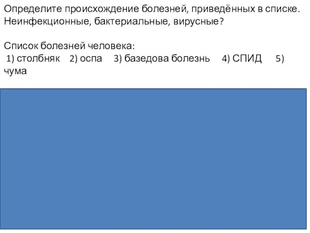 Определите происхождение болезней, приведённых в списке. Неинфекционные, бактериальные, вирусные? Список болезней