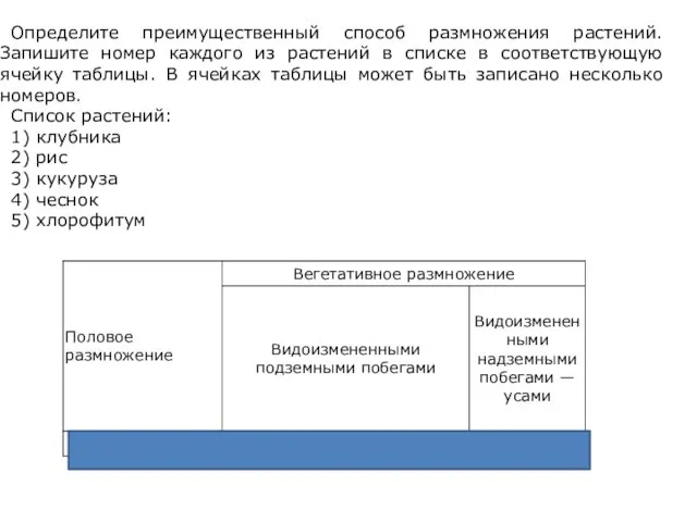 Определите преимущественный способ размножения растений. Запишите номер каждого из растений в