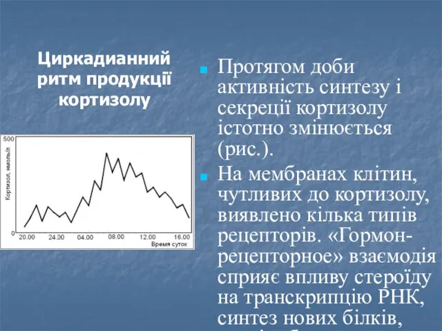 Циркадианний ритм продукції кортизолу Протягом доби активність синтезу і секреції кортизолу