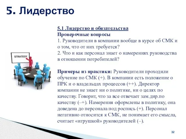 5. Лидерство 32 5.1 Лидерство и обязательства Проверочные вопросы 1. Руководители