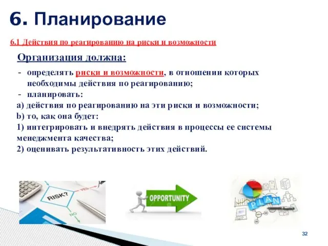 6. Планирование 32 Организация должна: определять риски и возможности, в отношении