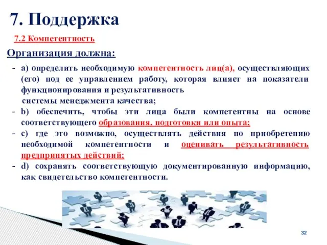 7. Поддержка 32 Организация должна: a) определить необходимую компетентность лиц(а), осуществляющих(его)