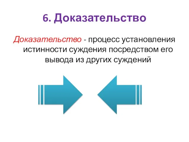 6. Доказательство Доказательство - процесс установления истинности суждения посредством его вывода из других суждений