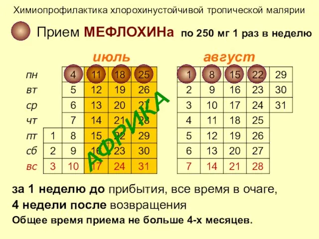 Химиопрофилактика хлорохинустойчивой тропической малярии за 1 неделю до прибытия, все время