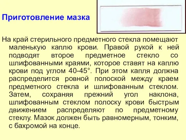 На край стерильного предметного стекла помещают маленькую каплю крови. Правой рукой