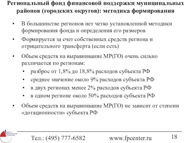 Тел.: (495) 777-6582 www.fpcenter.ru Региональный фонд финансовой поддержки муниципальных районов (городских